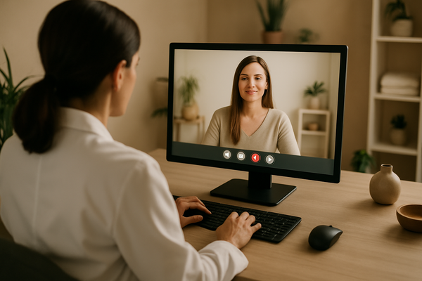 A wellness practitioner conducting a virtual consultation, photography taken over the wellness practitioner shoulder looking at a computer screen with a video call on it  